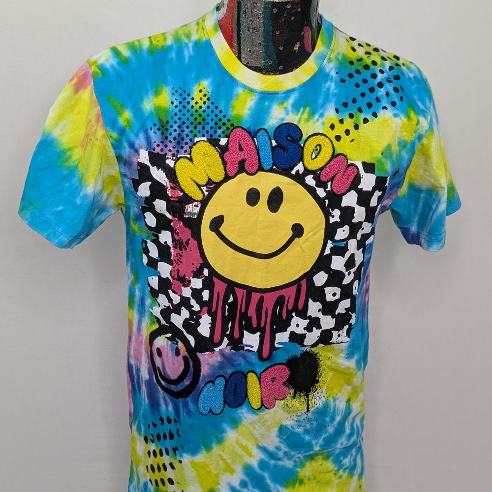 Maison Noir Smiley Face Spray Paint Tie Dye Blue T-Shirt Size Medium